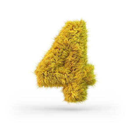 Number 4. Digital sign. Yellow fluffy and furry font. 3D renderingの写真素材