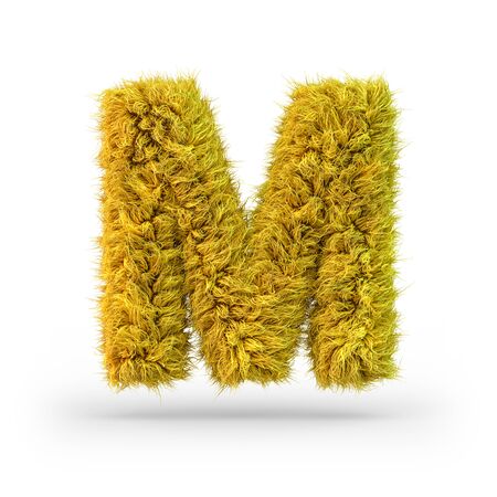 Capital letter M. Uppercase. Yellow fluffy and furry font. 3D renderingの写真素材