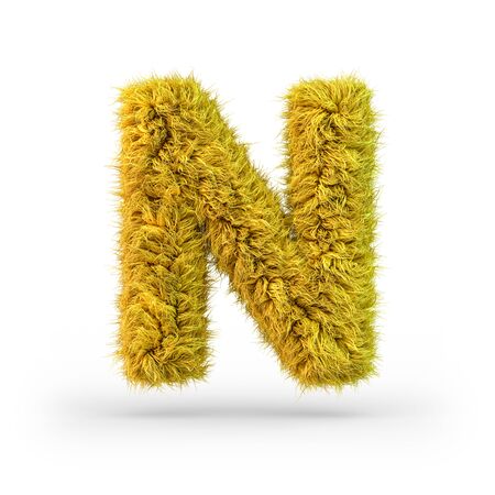 Capital letter N. Uppercase. Yellow fluffy and furry font. 3D renderingの写真素材
