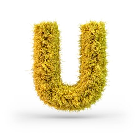 Capital letter U. Uppercase. Yellow fluffy and furry font. 3D renderingの写真素材