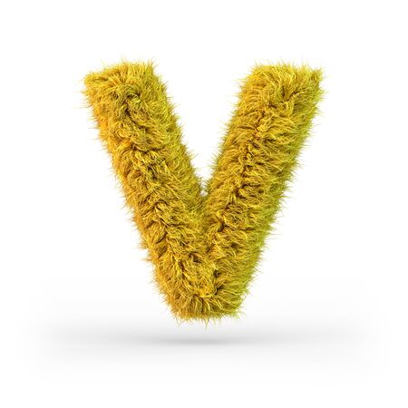 Capital letter V. Uppercase. Yellow fluffy and furry font. 3D renderingの写真素材