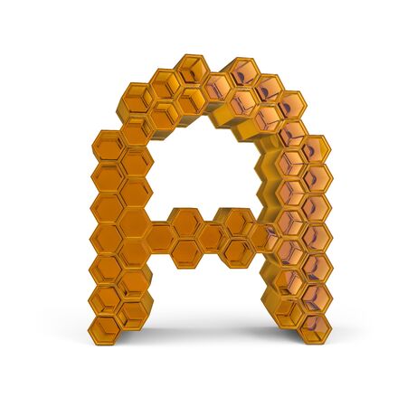 Capital letter A. Uppercase. Orange glossy abstract honeycomb font. 3D renderingの写真素材