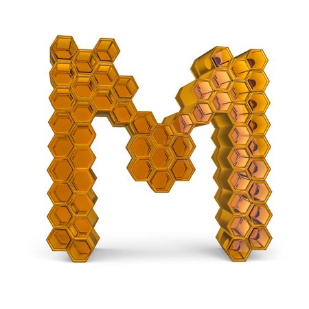 Capital letter M. Uppercase. Orange glossy abstract honeycomb font. 3D renderingの写真素材