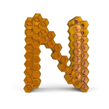 Capital letter N. Uppercase. Orange glossy abstract honeycomb font. 3D renderingの写真素材