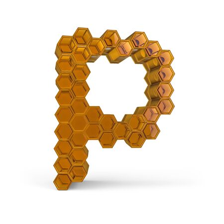 Capital letter P. Uppercase. Orange glossy abstract honeycomb font. 3D renderingの写真素材
