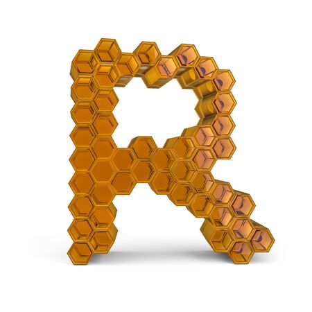 Capital letter R. Uppercase. Orange glossy abstract honeycomb font. 3D renderingの写真素材