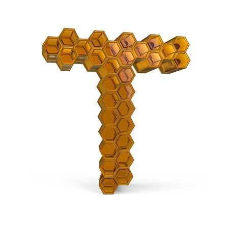 Capital letter T. Uppercase. Orange glossy abstract honeycomb font. 3D renderingの写真素材