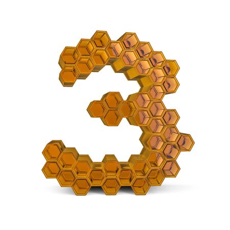 Number 3. Digital sign. Orange glossy abstract honeycomb font. 3D renderingの写真素材