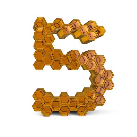 Number 5. Digital sign. Orange glossy abstract honeycomb font. 3D renderingの写真素材