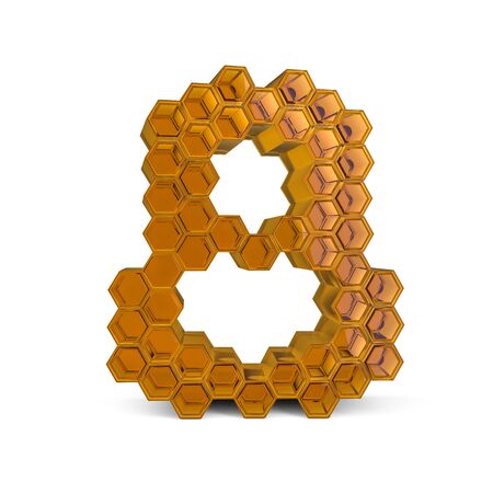 Number 8. Digital sign. Orange glossy abstract honeycomb font. 3D renderingの写真素材