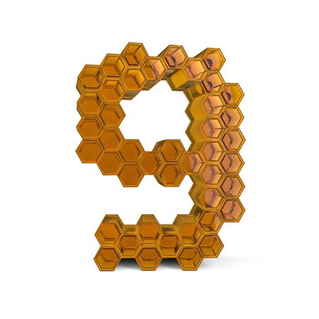 Number 9. Digital sign. Orange glossy abstract honeycomb font. 3D renderingの写真素材