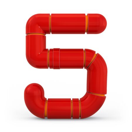 Number 5. Digital sign. Metallic futuristic red font. Mechanical alphabet. 3d rendering.の写真素材