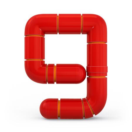 Number 9. Digital sign. Metallic futuristic red font. Mechanical alphabet. 3d rendering.の写真素材