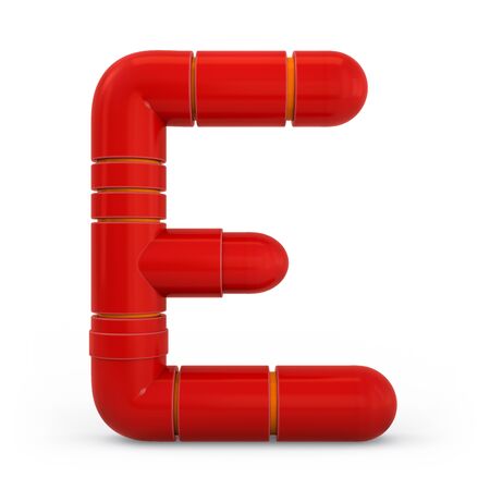 Capital letter E. Uppercase. Metallic futuristic red font. Mechanical alphabet. 3d rendering.の写真素材