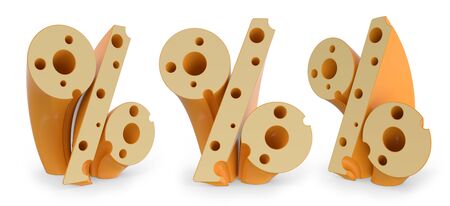 Percent symbol. Digital sign. Cheese alphabet and font. Set of three view points on white. 3D renderingの写真素材