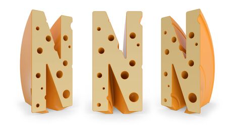Capital letter N. Uppercase. Cheese alphabet and font. Set of three view points on white. 3D renderingの写真素材