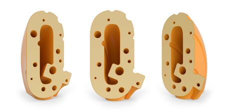 Capital letter Q. Uppercase. Cheese alphabet and font. Set of three view points on white. 3D renderingの写真素材