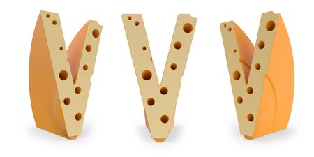 Capital letter V. Uppercase. Cheese alphabet and font. Set of three view points on white. 3D renderingの写真素材