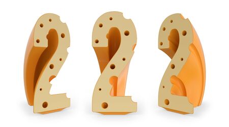 Number 2. Digital sign. Cheese alphabet and font. Set of three view points on white. 3D renderingの写真素材