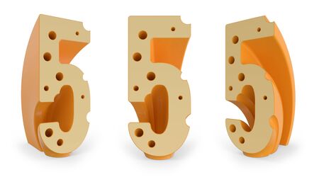 Number 5. Digital sign. Cheese alphabet and font. Set of three view points on white. 3D renderingの写真素材