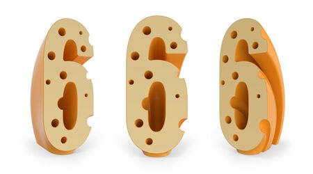 Number 6. Digital sign. Cheese alphabet and font. Set of three view points on white. 3D renderingの写真素材