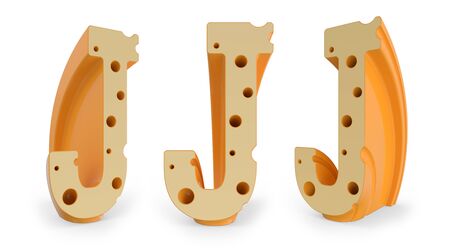 Capital letter J. Uppercase. Cheese alphabet and font. Set of three view points on white. 3D renderingの写真素材