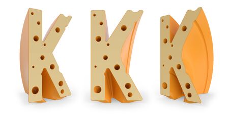 Capital letter K. Uppercase. Cheese alphabet and font. Set of three view points on white. 3D renderingの写真素材