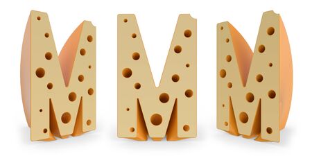 Capital letter M. Uppercase. Cheese alphabet and font. Set of three view points on white. 3D renderingの写真素材