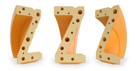 Capital letter Z. Uppercase. Cheese alphabet and font. Set of three view points on white. 3D renderingの写真素材
