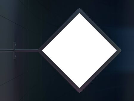 Blank, white square shop sign hanging on a black wall. 3D renderingの写真素材