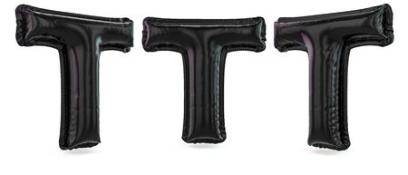 Capital letter T. Uppercase. Inflatable black balloon on background. 3D renderingの写真素材