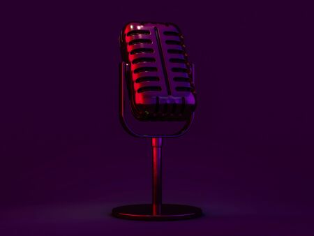 Vintage microphone on dark colorful background. 3Dの写真素材