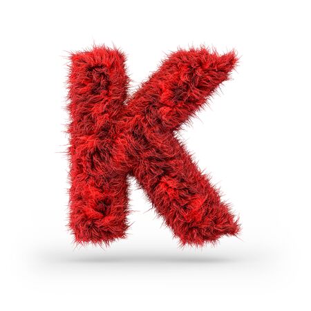 Capital letter K. Uppercase. Red fluffy and furry font. 3D renderingの写真素材
