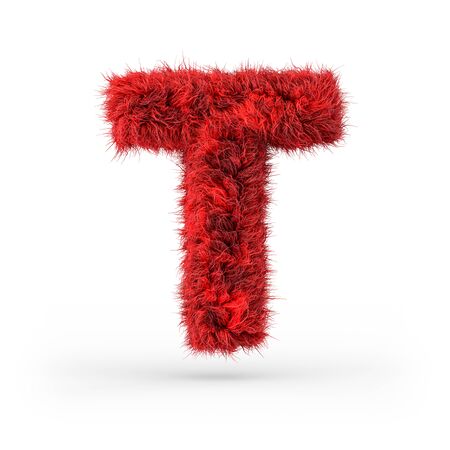 Capital letter T. Uppercase. Red fluffy and furry font. 3D renderingの写真素材