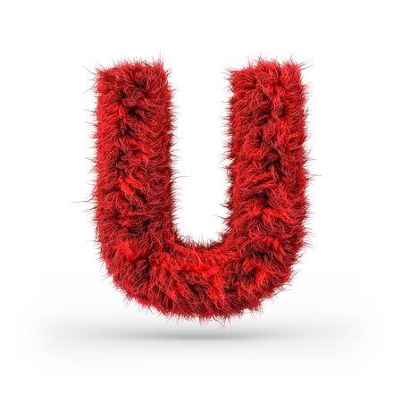 Capital letter U. Uppercase. Red fluffy and furry font. 3D renderingの写真素材