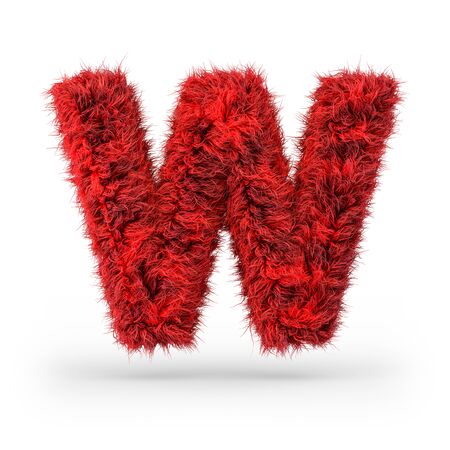 Capital letter W. Uppercase. Red fluffy and furry font. 3D renderingの写真素材