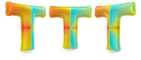 Capital letter T. Uppercase. Inflatable multicolor balloon on background. 3D renderingの写真素材
