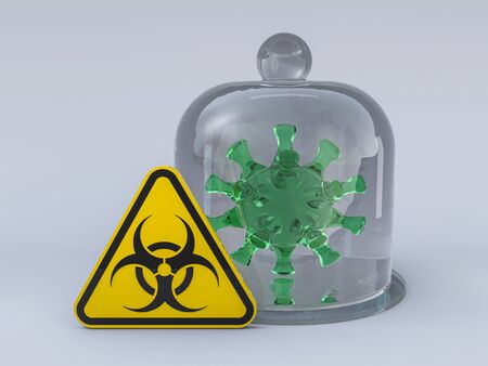 Virus COVID-19, pandemic risk alert. Biohazard sign. Warning sign of virus. 3D renderingの写真素材