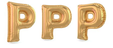 Capital letter P. Uppercase. Inflatable gold balloon on background. 3D renderingの写真素材