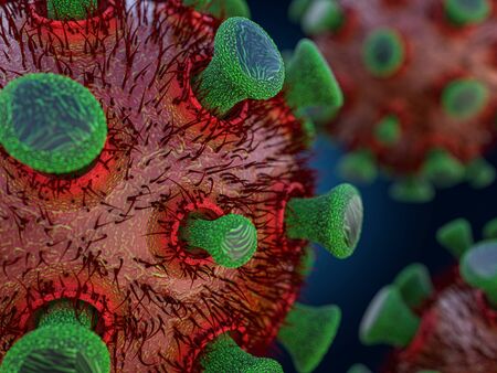 Covid-19. Pathogen respiratory coronavirus 2019-ncov flu. Pandemic risk concept. 3D renderingの写真素材