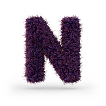 Capital letter N. Uppercase. Purple fluffy and furry font. 3D renderingの写真素材