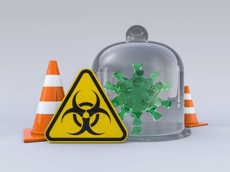 Virus COVID-19, pandemic risk alert. Biohazard sign. Warning sign of virus. 3D renderingの写真素材
