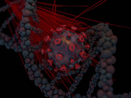 Covid-19. Pathogen respiratory coronavirus 2019-ncov flu. Virus attacks DNA. 3D renderingの写真素材