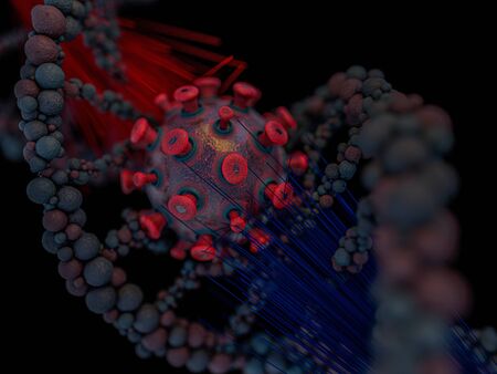 Covid-19. Pathogen respiratory coronavirus 2019-ncov flu. Virus attacks DNA. 3D renderingの写真素材