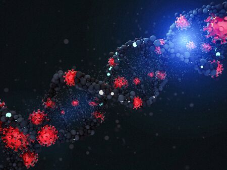 Covid-19. Pathogen respiratory coronavirus 2019-ncov flu. Virus attacks DNA. 3D renderingの写真素材
