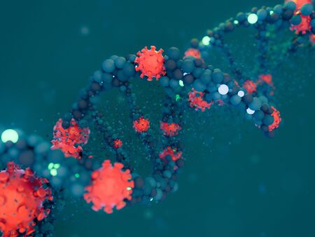 Covid-19. Pathogen respiratory coronavirus 2019-ncov flu. Virus attacks DNA. 3D renderingの写真素材