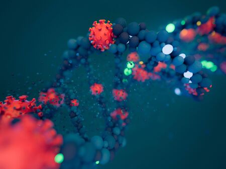 Covid-19. Pathogen respiratory coronavirus 2019-ncov flu. Virus attacks DNA. 3D renderingの写真素材