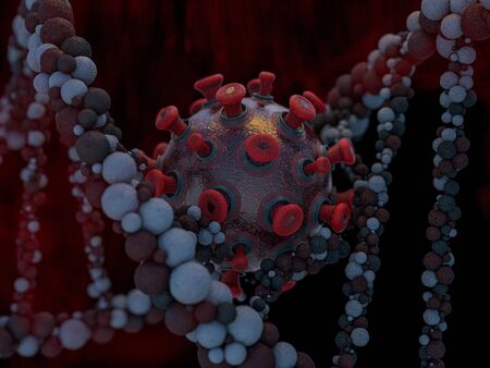 Covid-19. Pathogen respiratory coronavirus 2019-ncov flu. Virus attacks DNA. 3D renderingの写真素材