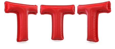 Capital letter T. Uppercase. Inflatable red balloon on background. 3D renderingの写真素材