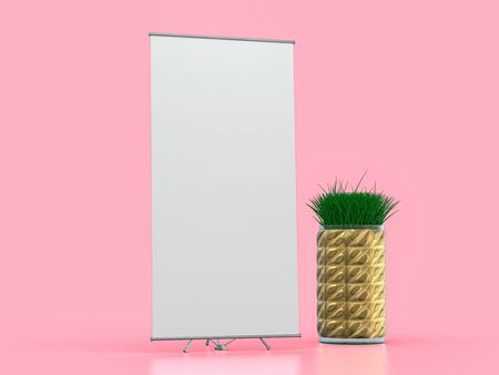 Roll up banner stand. Mockup on pink background. 3D rendering.の写真素材